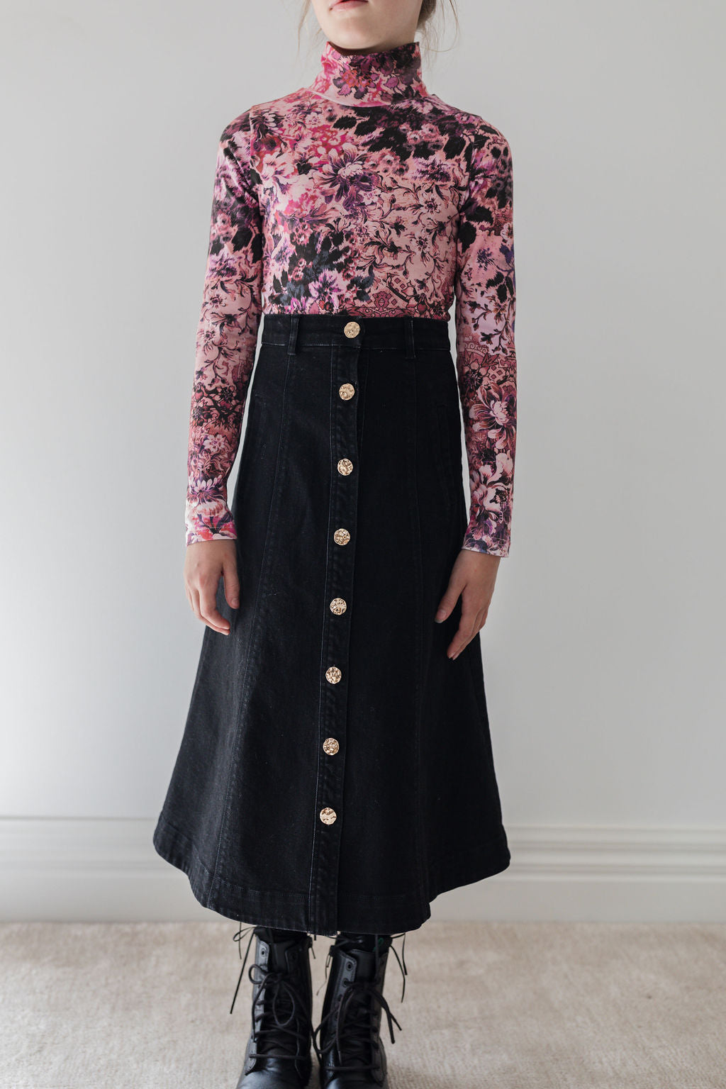 8184S-Denim Button Front Skirt-Black Wash Denim