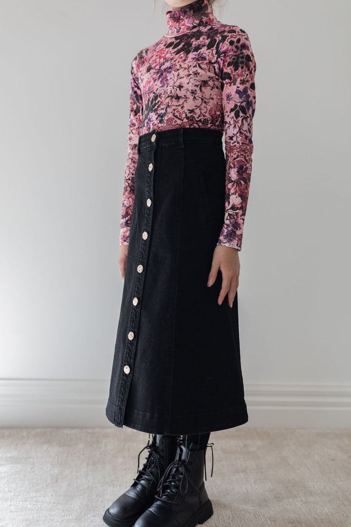 8184S-Denim Button Front Skirt-Black Wash Denim
