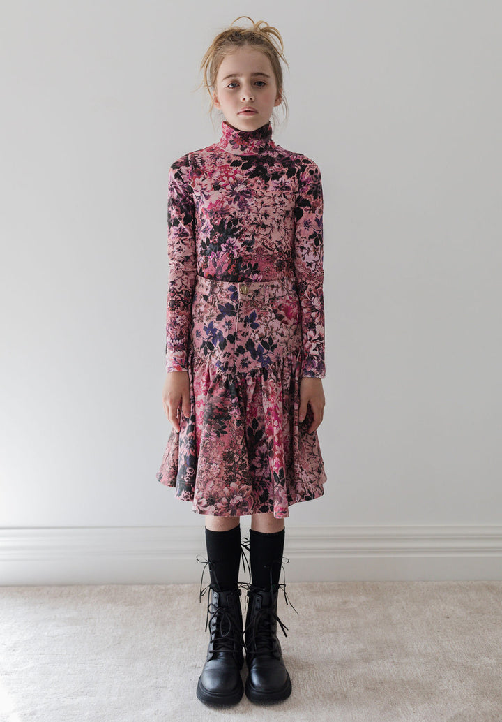 8193S-Blurred Floral Print Denim Skirt-Blurred Floral Print