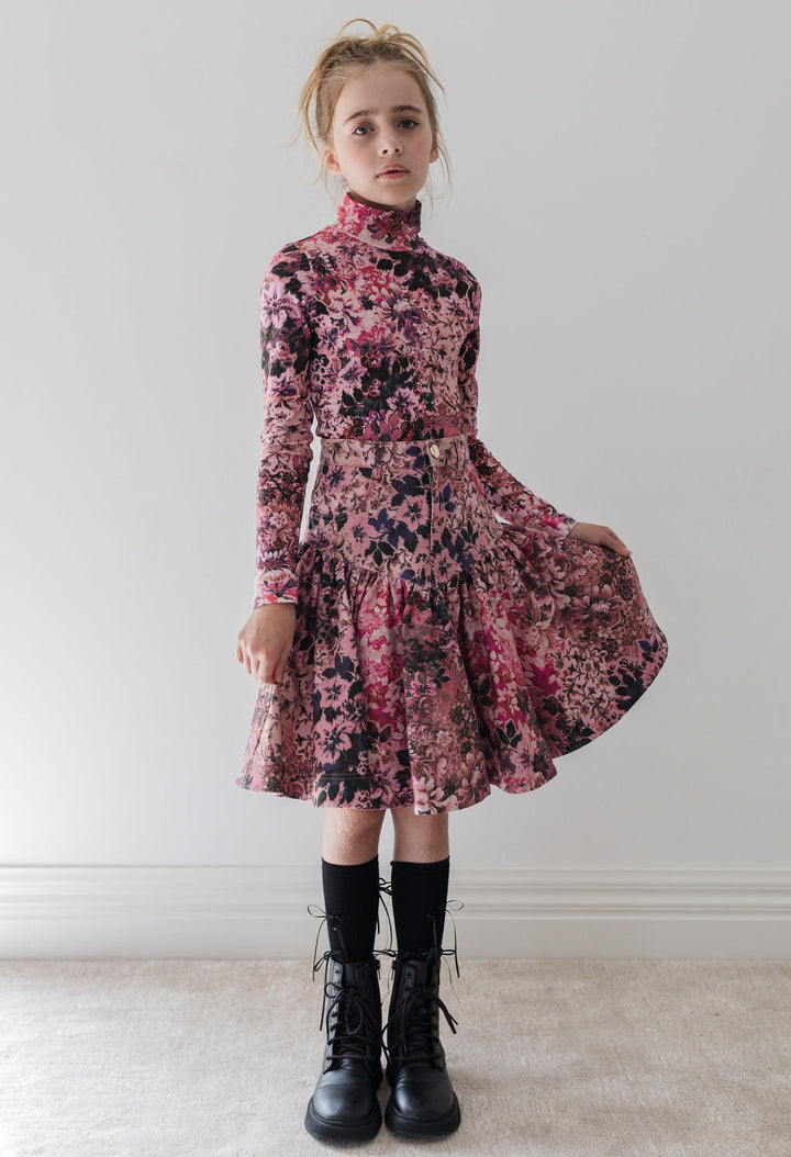 8193S-Blurred Floral Print Denim Skirt-Blurred Floral Print