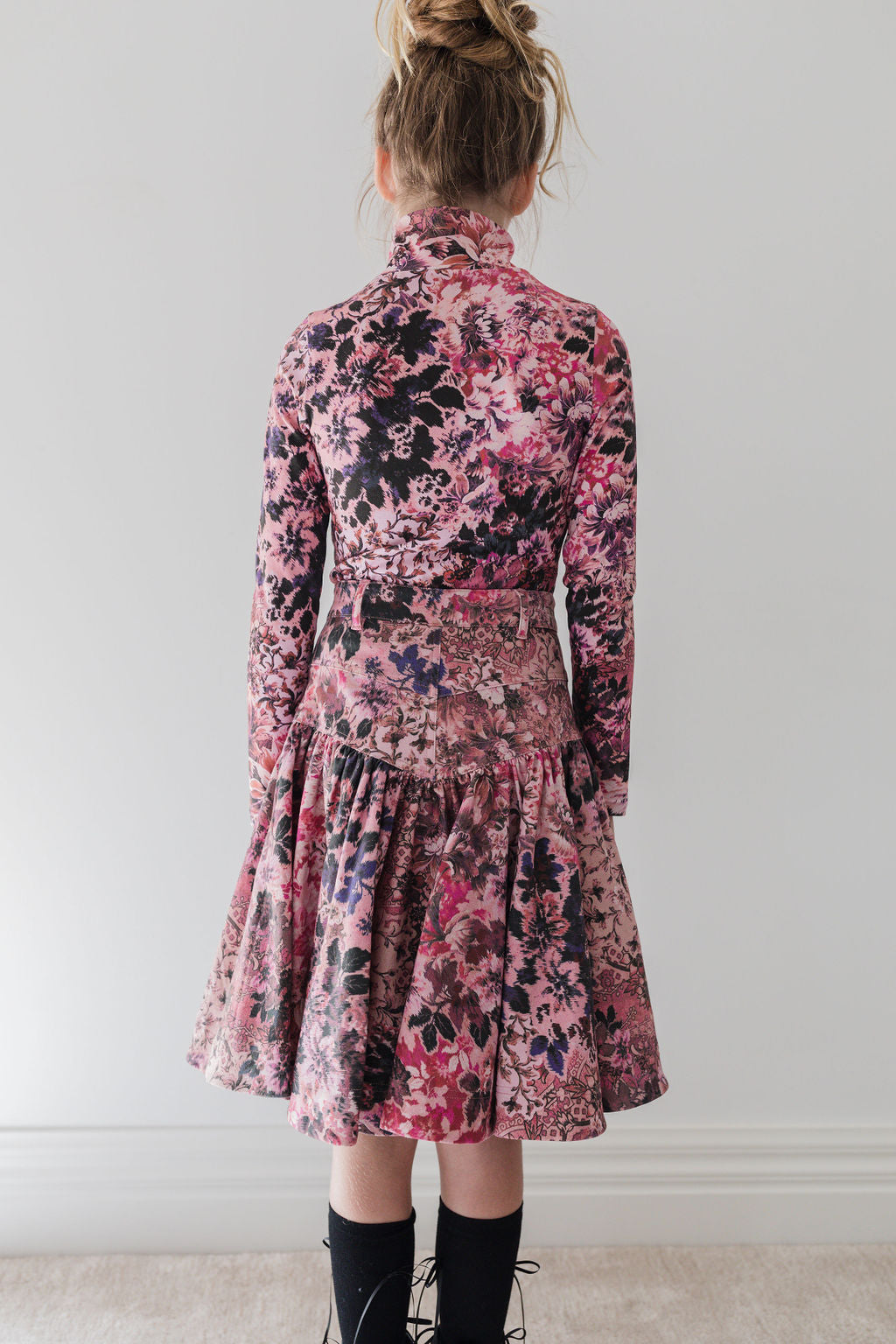 8193S-Blurred Floral Print Denim Skirt-Blurred Floral Print