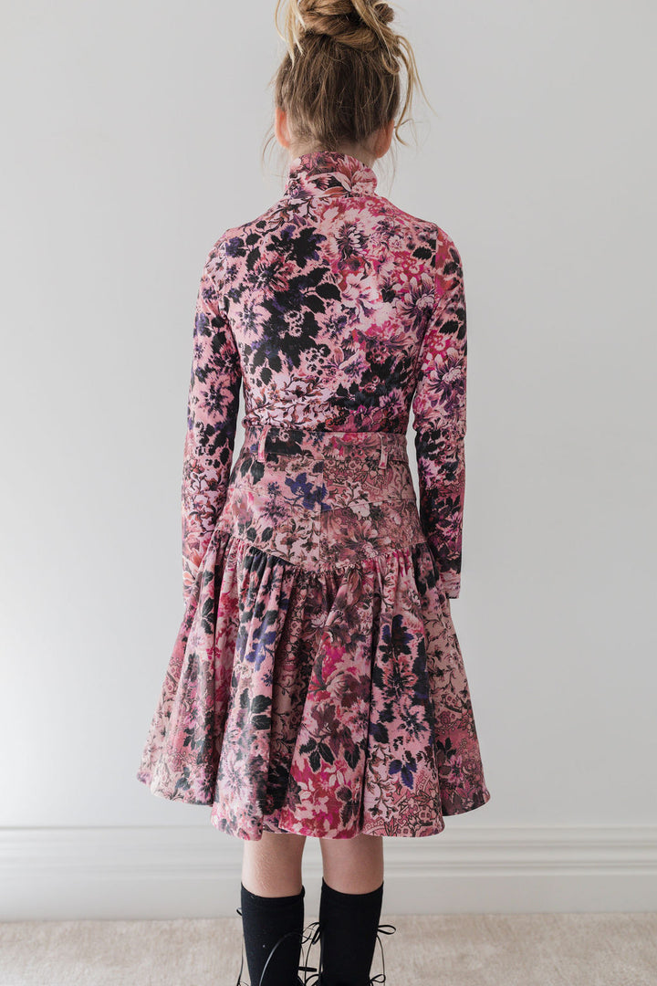 8193S-Blurred Floral Print Denim Skirt-Blurred Floral Print