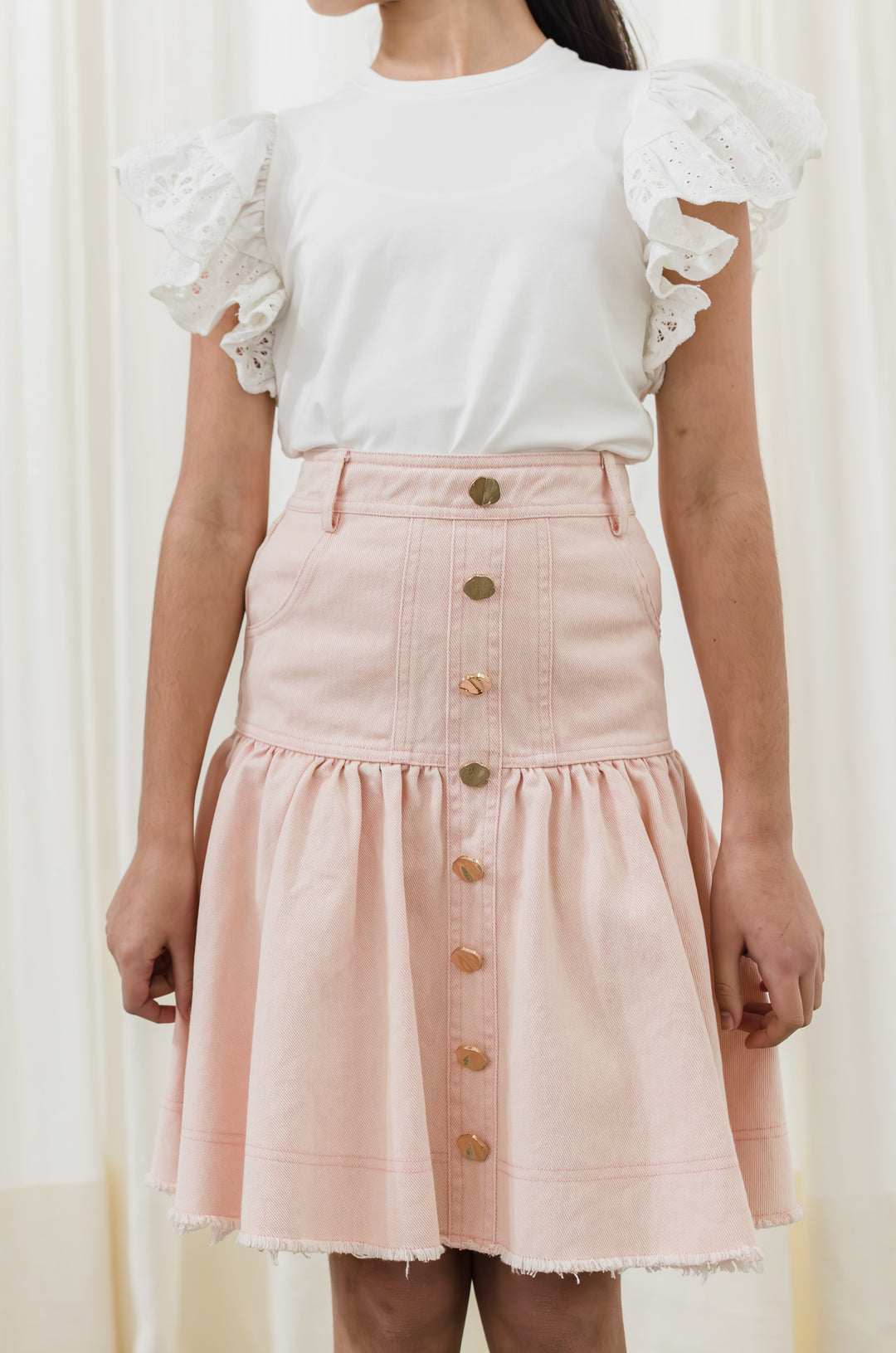 8143S-Denim Button Skirt-Blush