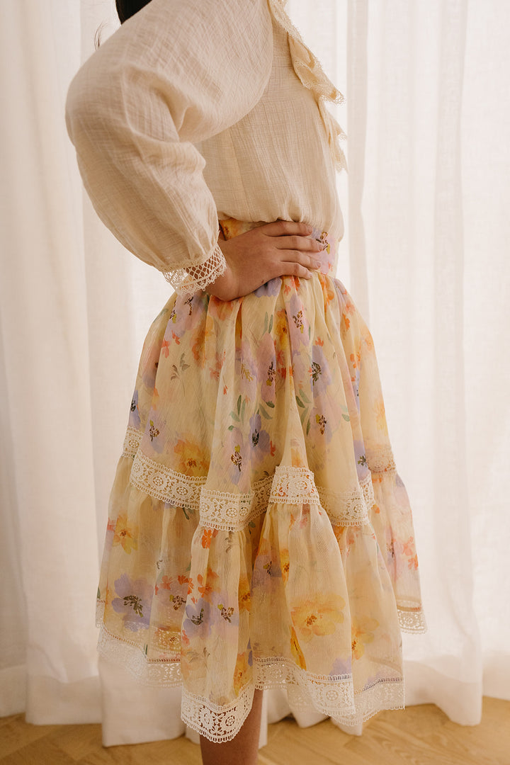 3075B-Watercolour Linen Ruffle Hem Skirt-Watercolour Print