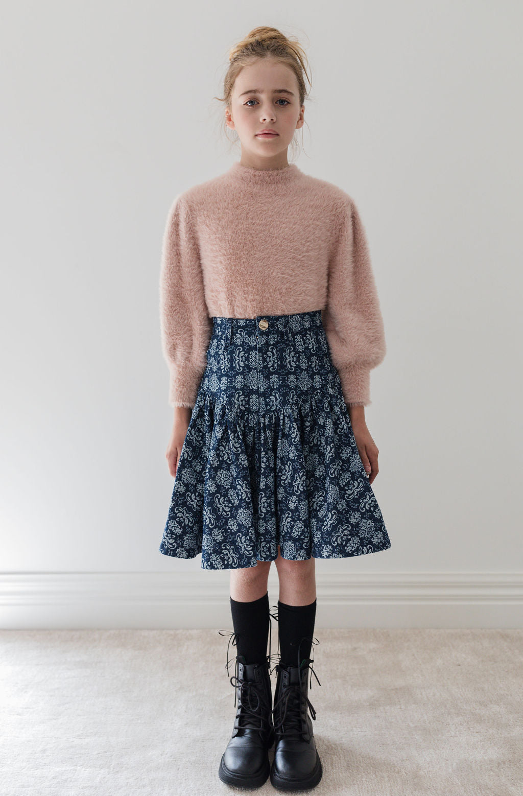8182S-Fleur De Lis Short  Denim Skirt-Fleur De Lis Print