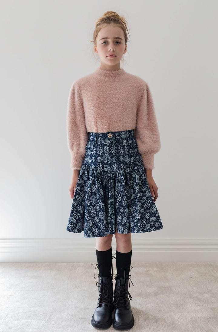 8182S-Fleur De Lis Short  Denim Skirt-Fleur De Lis Print