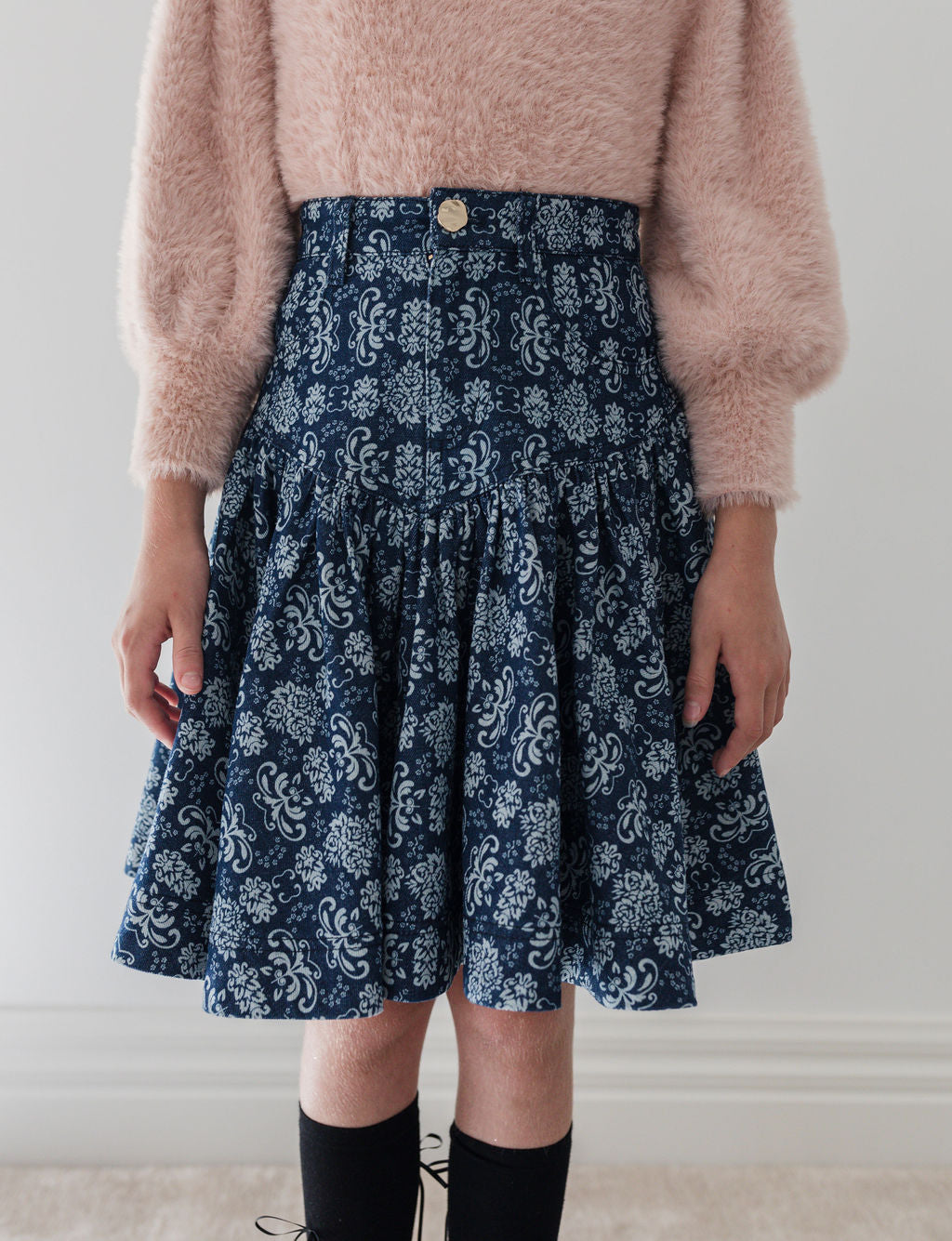 8182S-Fleur De Lis Short  Denim Skirt-Fleur De Lis Print