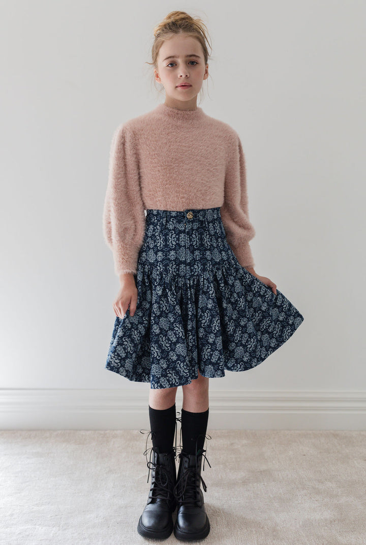 8182S-Fleur De Lis Short  Denim Skirt-Fleur De Lis Print