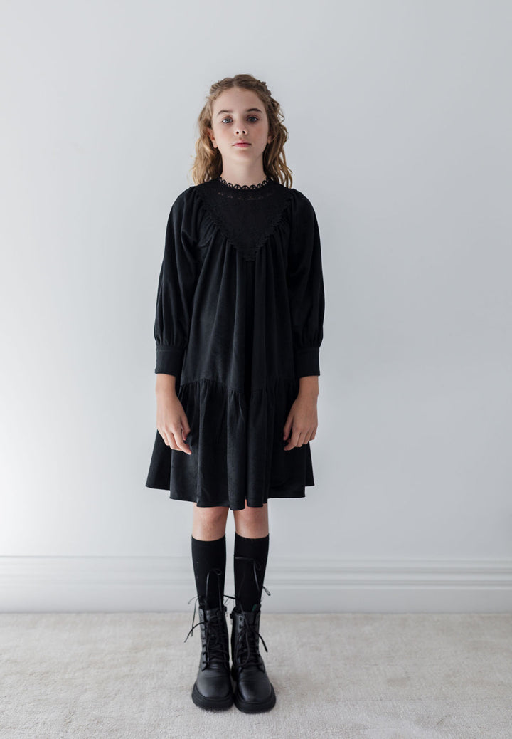 8185D-Cord Crochet Yoke Dress-Black