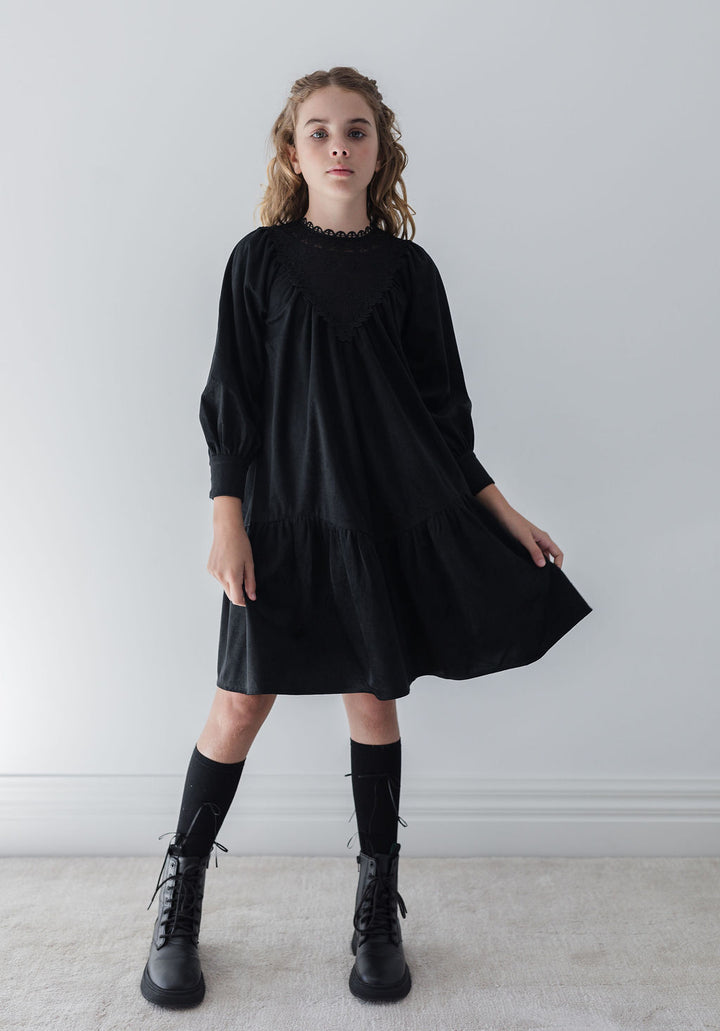 8185D-Cord Crochet Yoke Dress-Black
