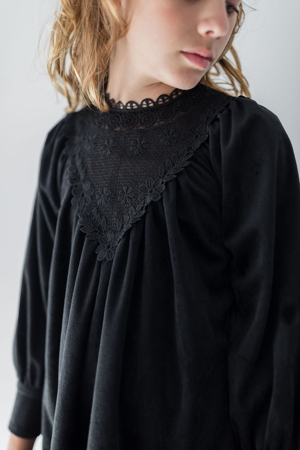 8185D-Cord Crochet Yoke Dress-Black