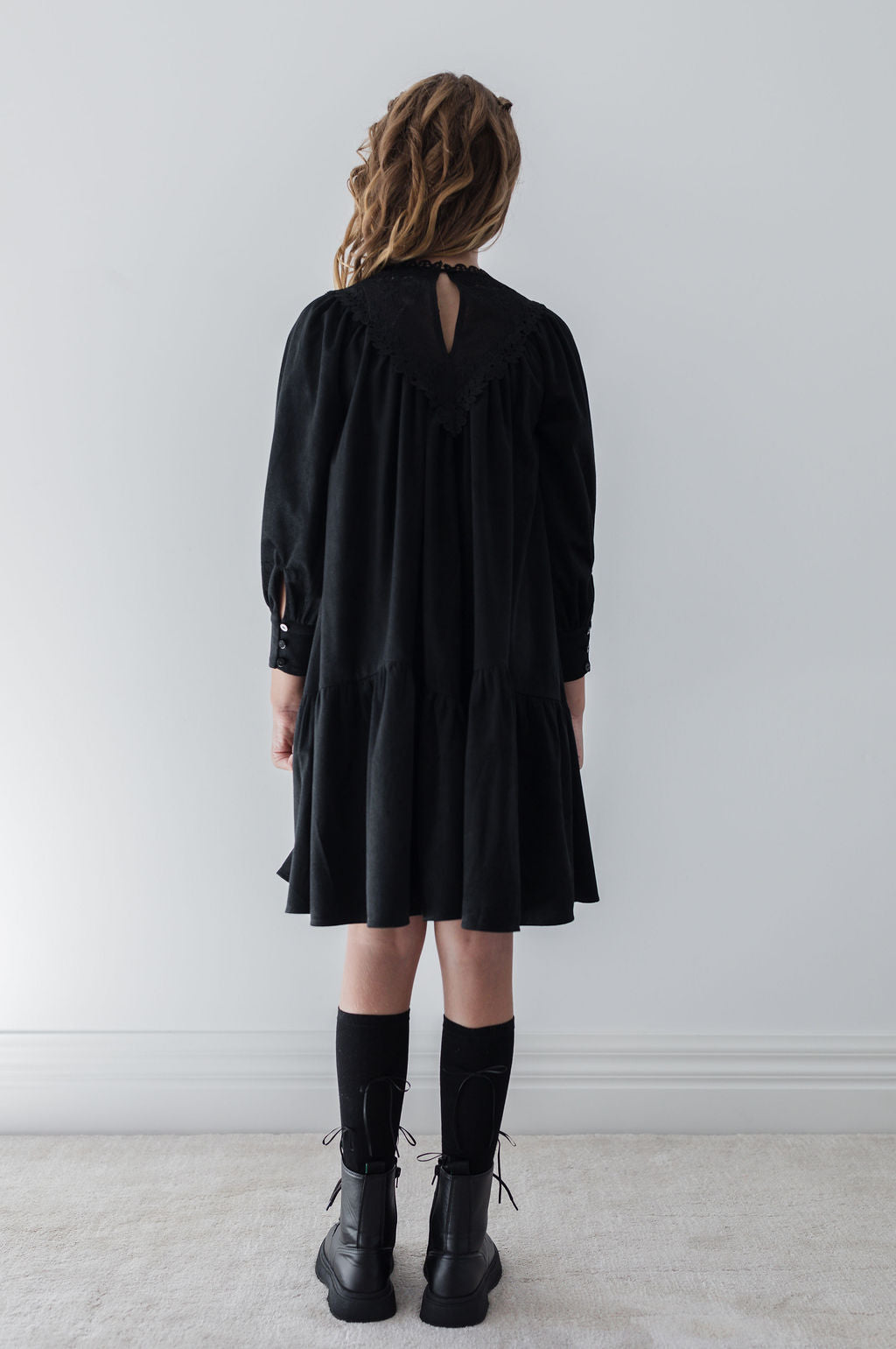 8185D-Cord Crochet Yoke Dress-Black