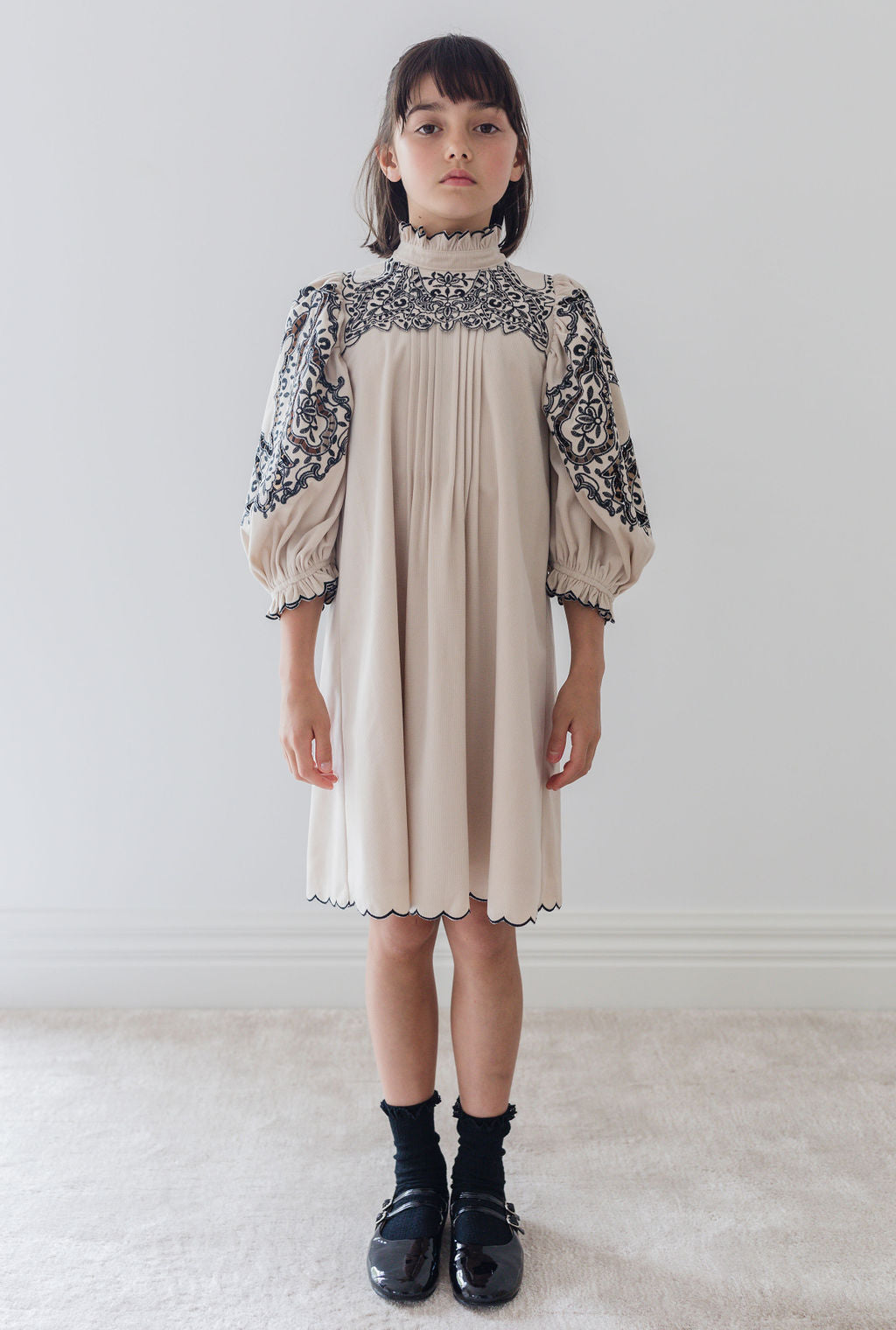 1445-Cord Embroidered Cut Out Smock Dress-Nougat / Black Embroidery