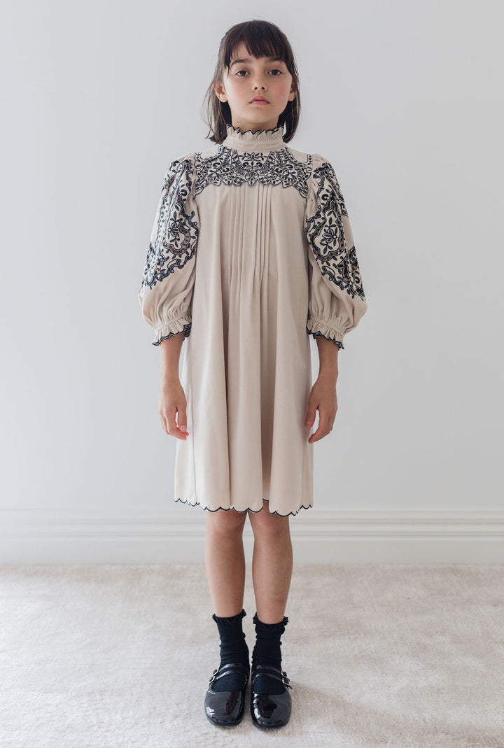 1445-Cord Embroidered Cut Out Smock Dress-Nougat / Black Embroidery