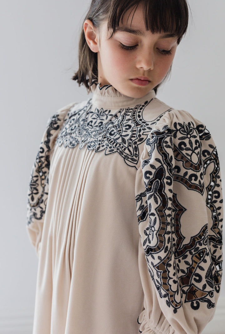 1445-Cord Embroidered Cut Out Smock Dress-Nougat / Black Embroidery
