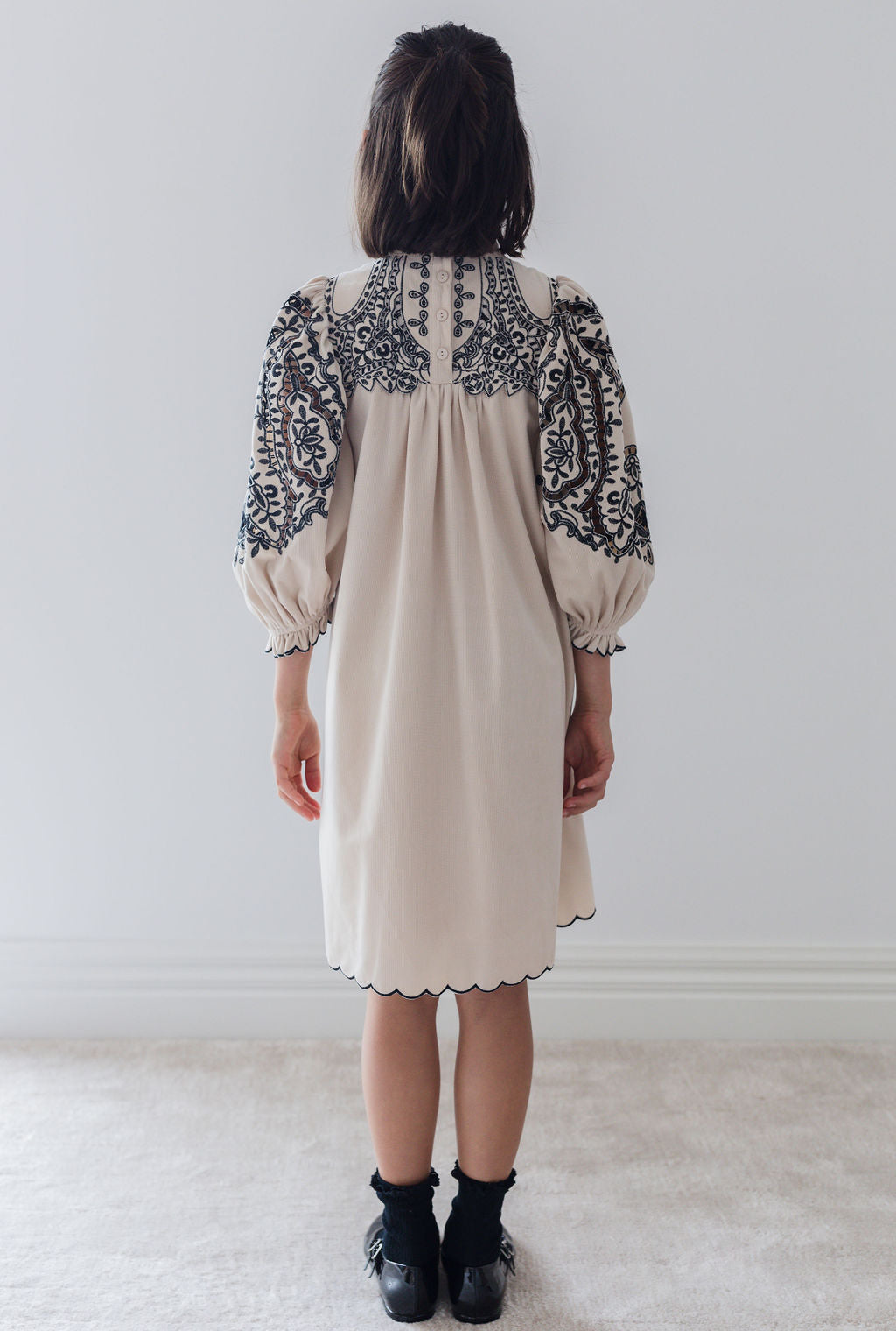 1445-Cord Embroidered Cut Out Smock Dress-Nougat / Black Embroidery