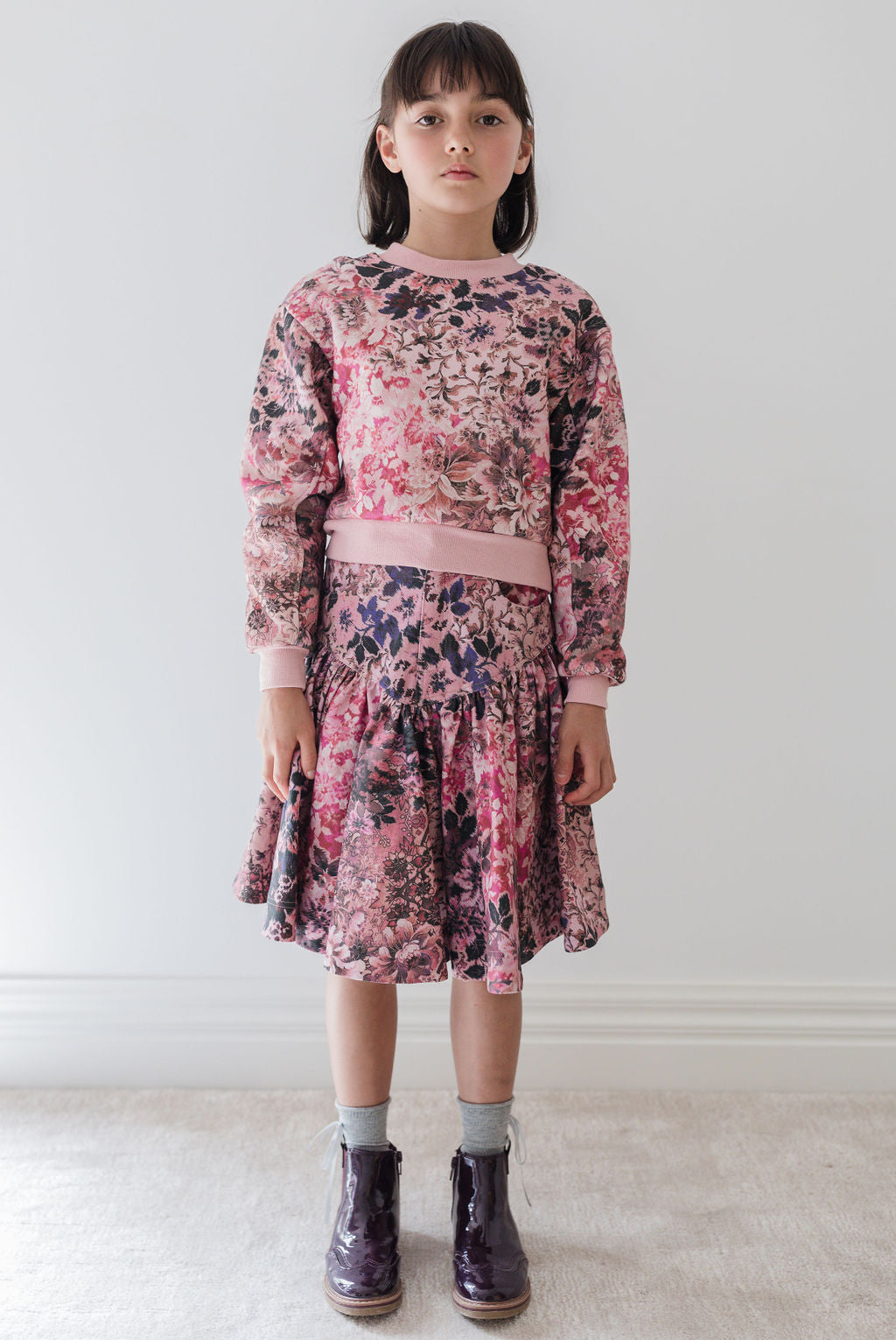8193S-Blurred Floral Print Denim Skirt-Blurred Floral Print