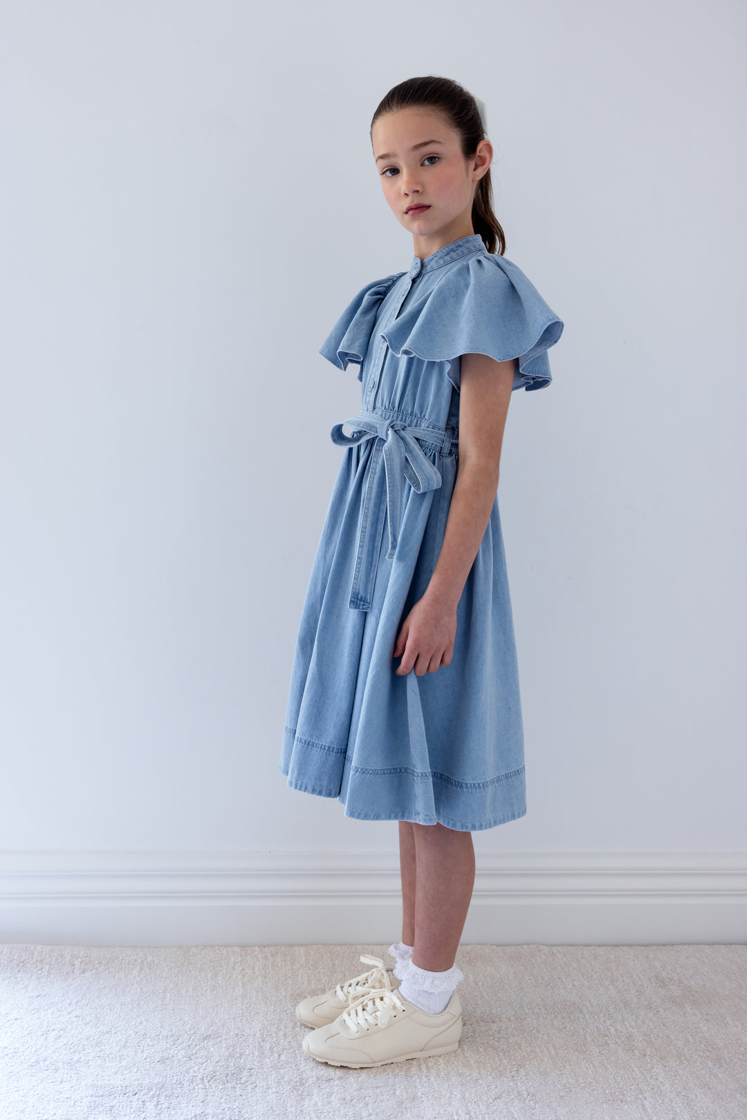 8208D-CHAMBRAY FLUTTER SLEEVE SHIRT DRESS