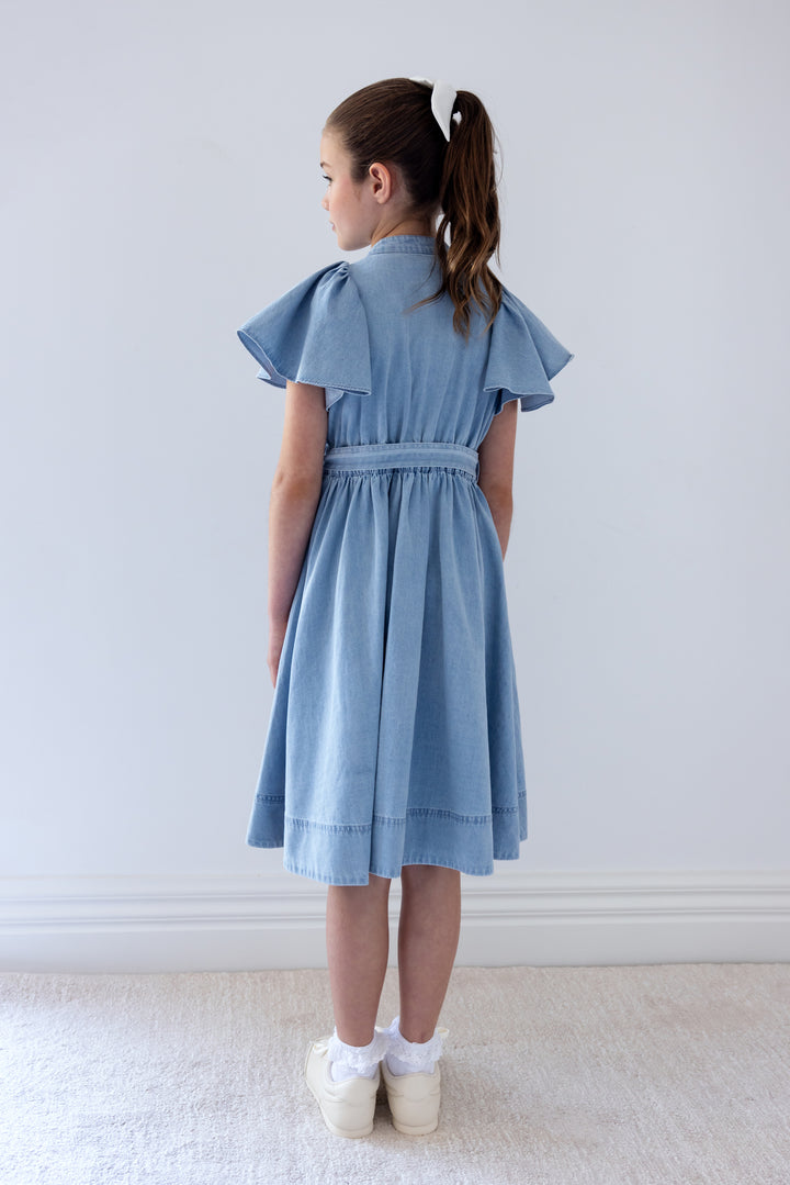 8208D-CHAMBRAY FLUTTER SLEEVE SHIRT DRESS