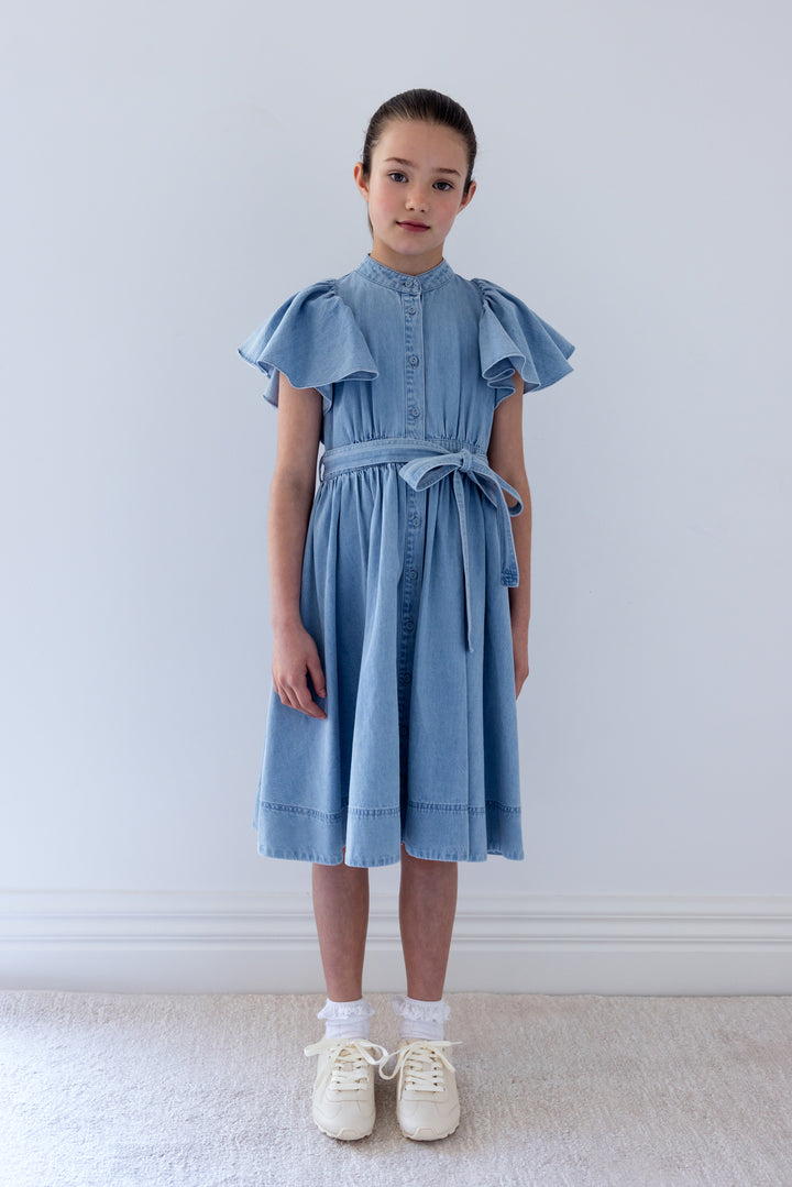 8208D-CHAMBRAY FLUTTER SLEEVE SHIRT DRESS