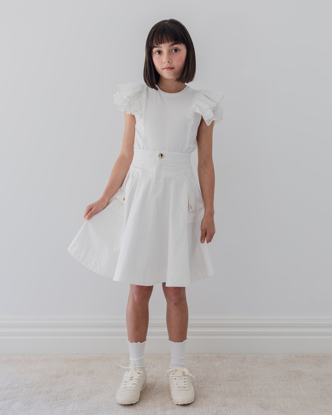 8238S-FOLD BACK POCKET DENIM SKIRT-WHITE WASH DENIM