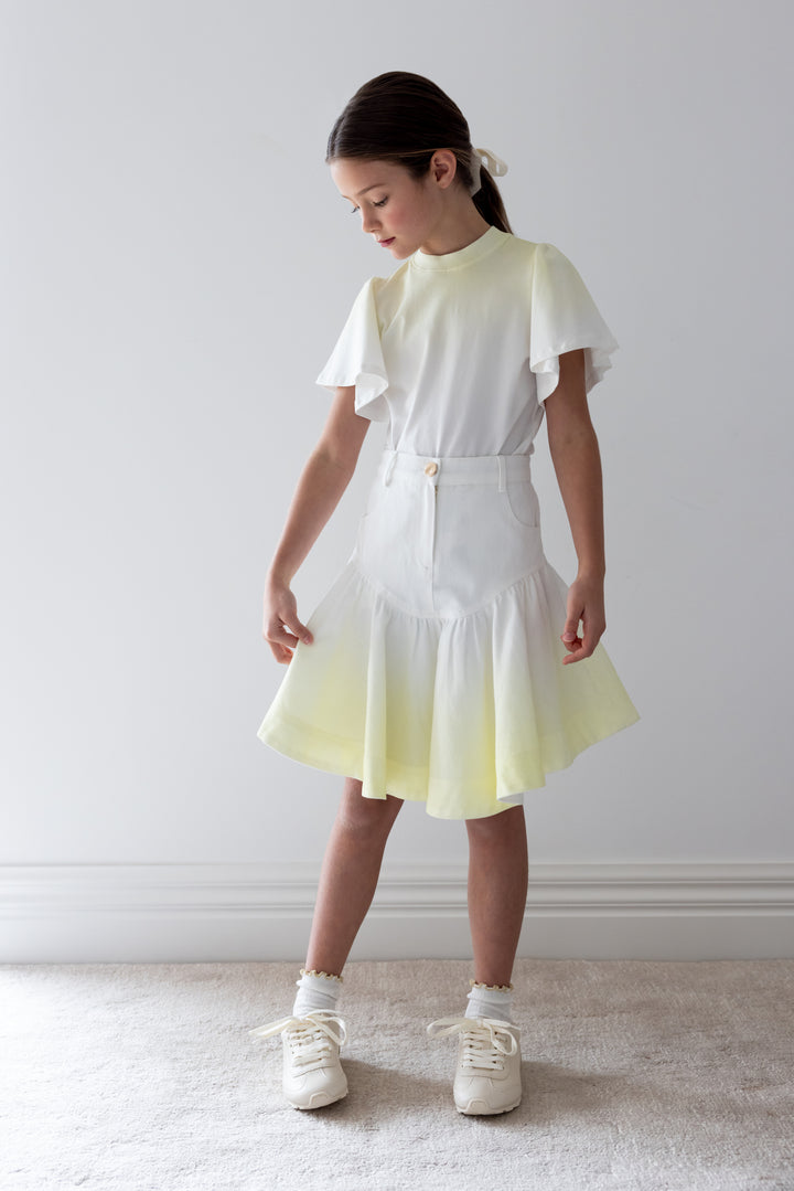 8243S-FLUTED HEM DENIM SKIRT-YELLOW TYE DYE