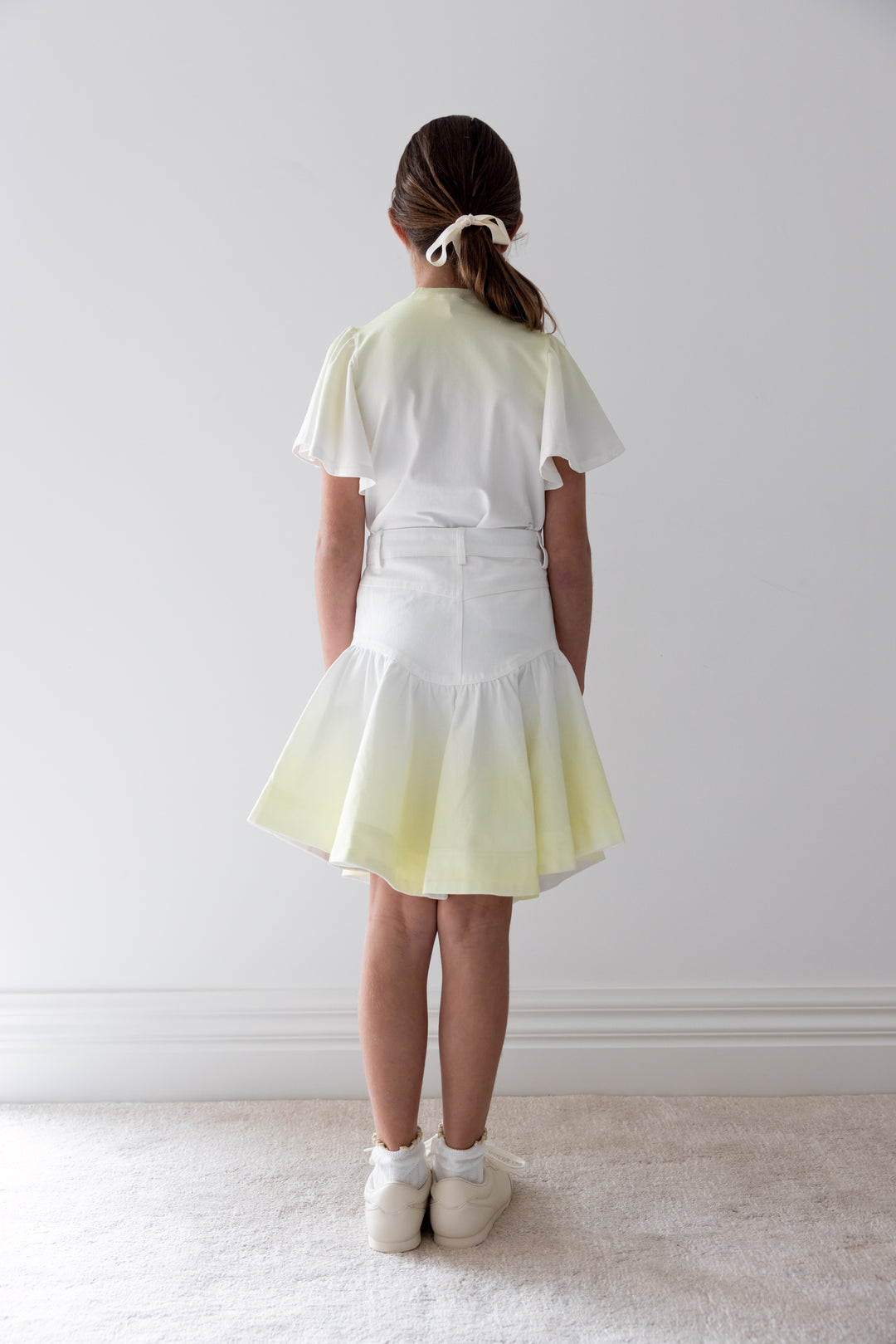 8243S-FLUTED HEM DENIM SKIRT-YELLOW TYE DYE