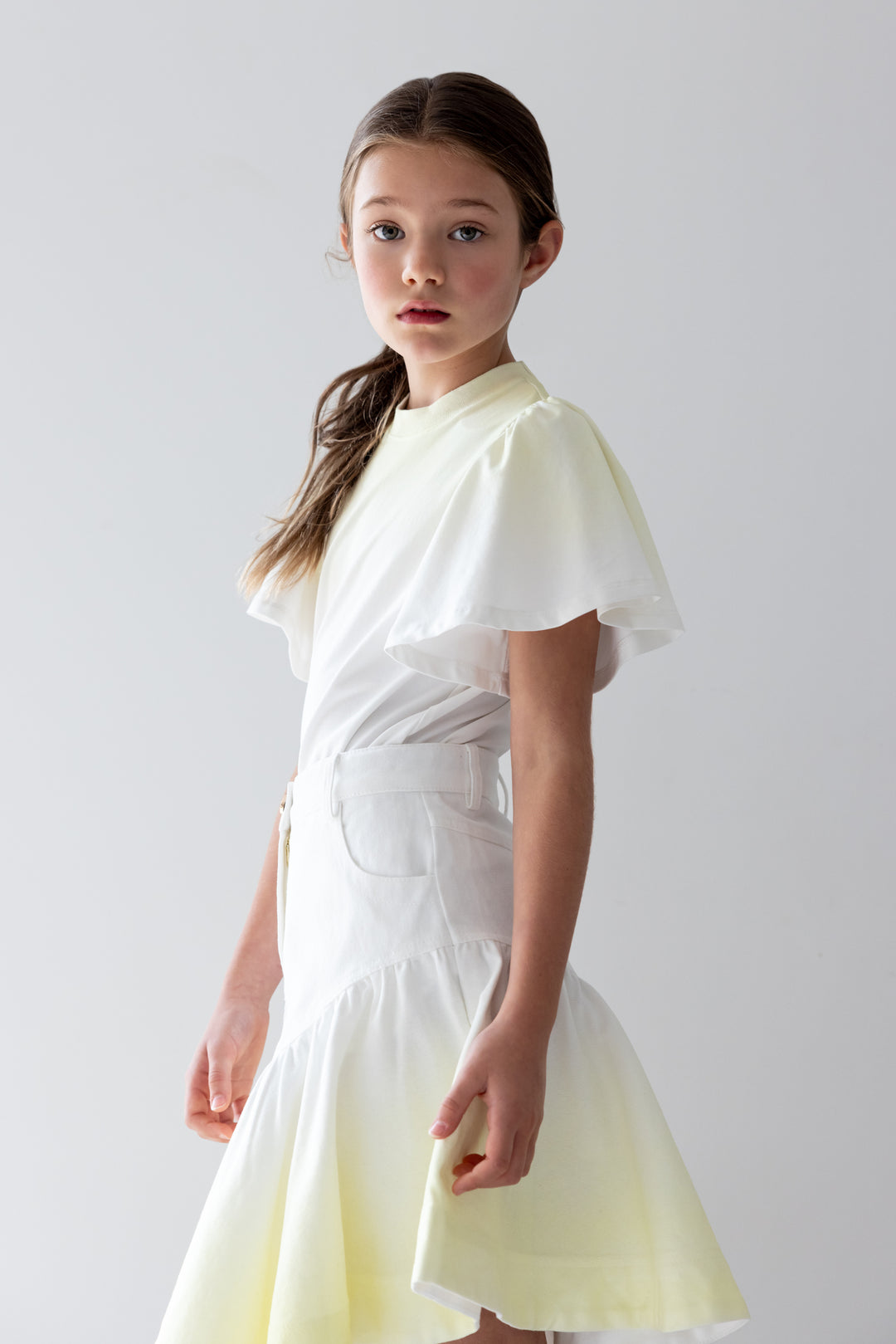 8243S-FLUTED HEM DENIM SKIRT-YELLOW TYE DYE