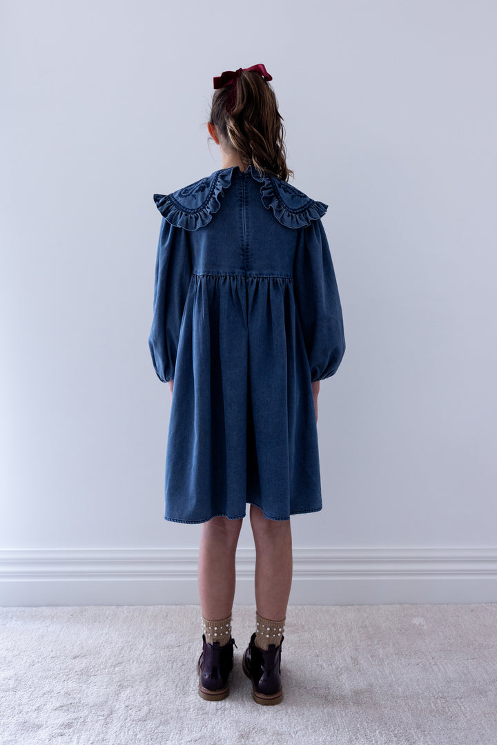 8262D Chambray Embroidered Collar Dress - Blue Wash