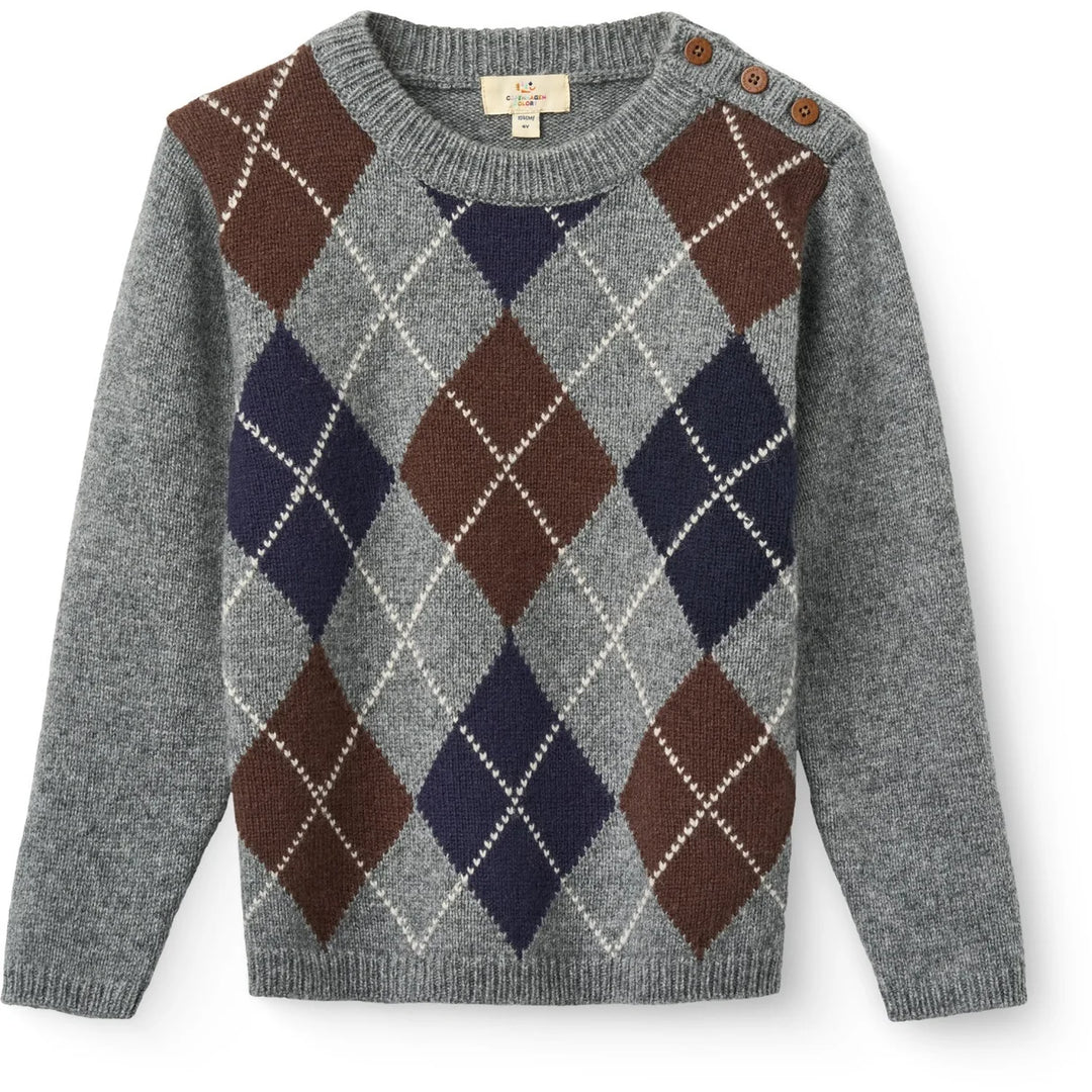 262-000-330 MERINO KNITTED ARGYLE PULL OVER W. COLLAR - GREY MELANGE COMB