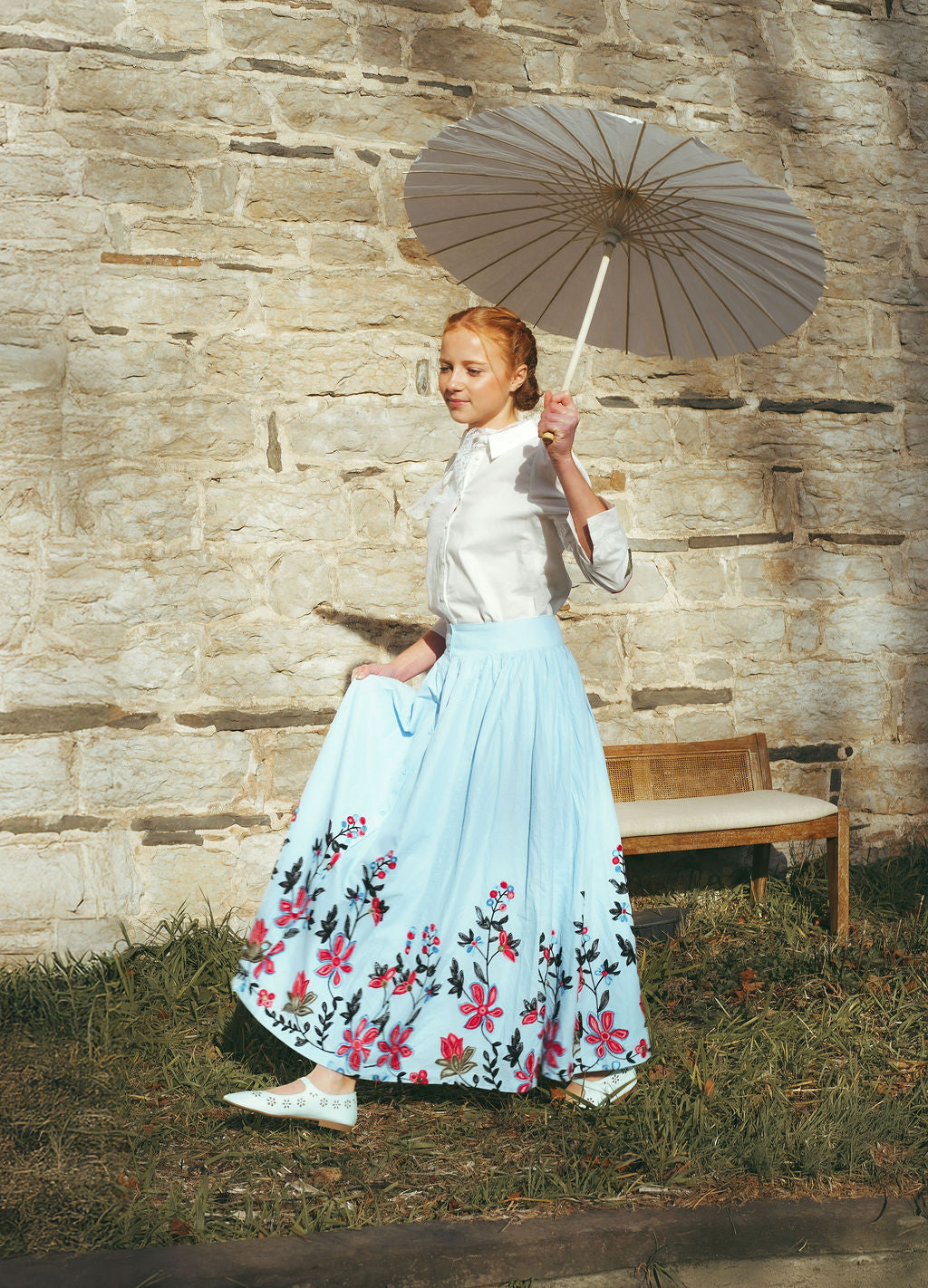 C-23562-Linen Embroidered Flower Hem Skirt Blue