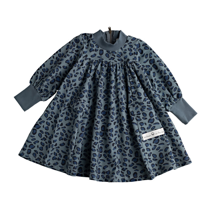 702C-BLUE LEOPARD FRENCH TERRY-Swing dress with exposed back zipper