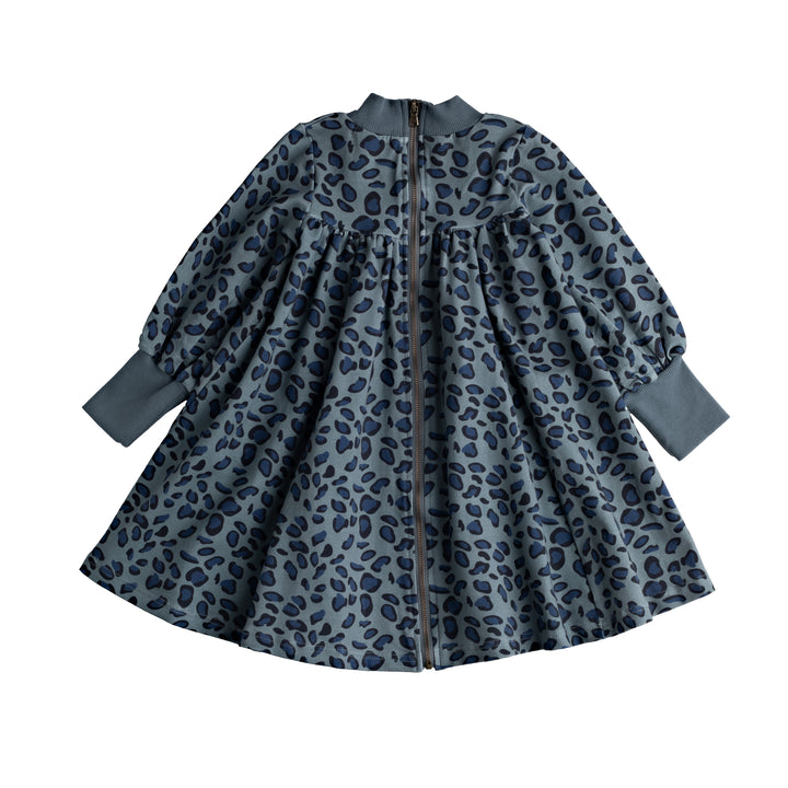 702C-BLUE LEOPARD FRENCH TERRY-Swing dress with exposed back zipper