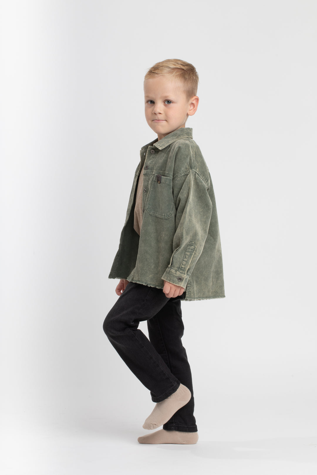 508-Moss Green, snow wash-Boys corduroy oversized shirt