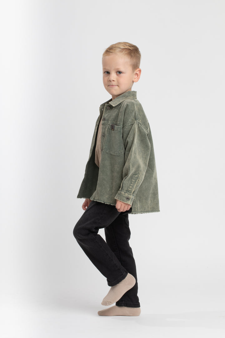 508-Moss Green, snow wash-Boys corduroy oversized shirt