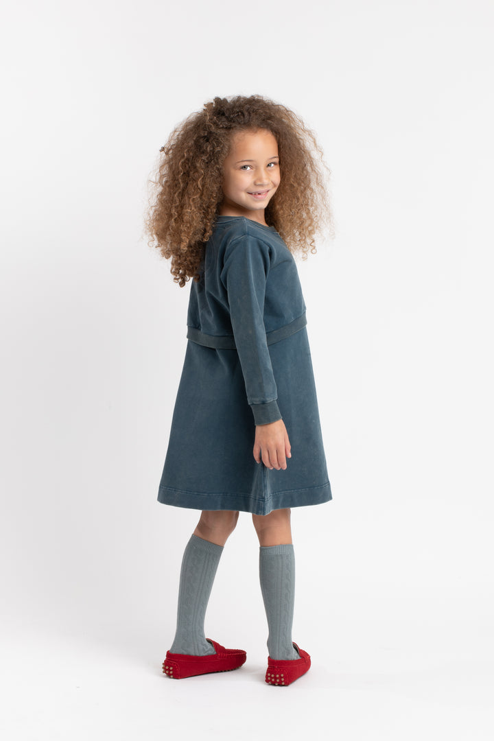 603-Ocean teal, snow wash-Sweatshirt overlay swing dress