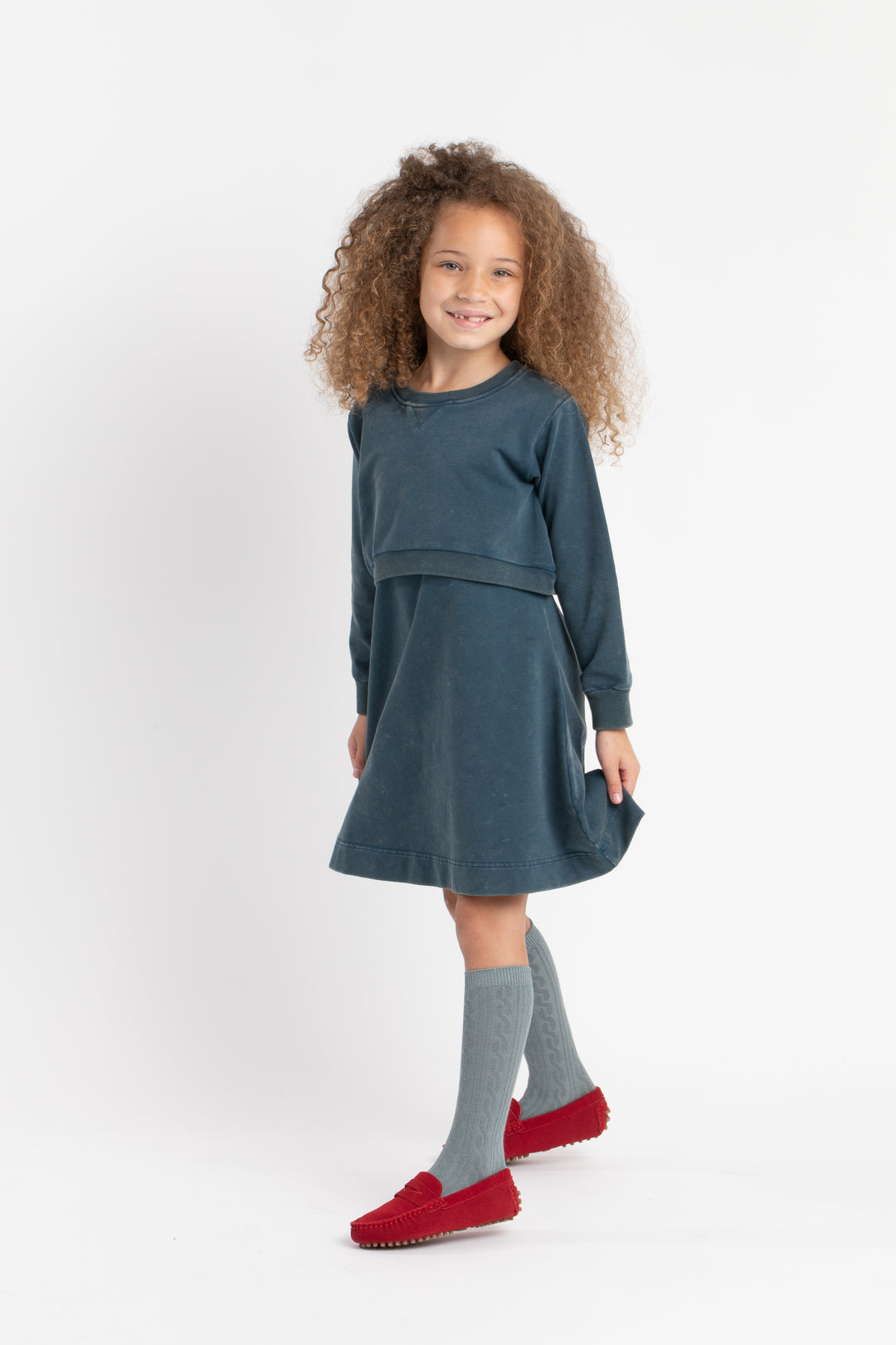 603-Ocean teal, snow wash-Sweatshirt overlay swing dress