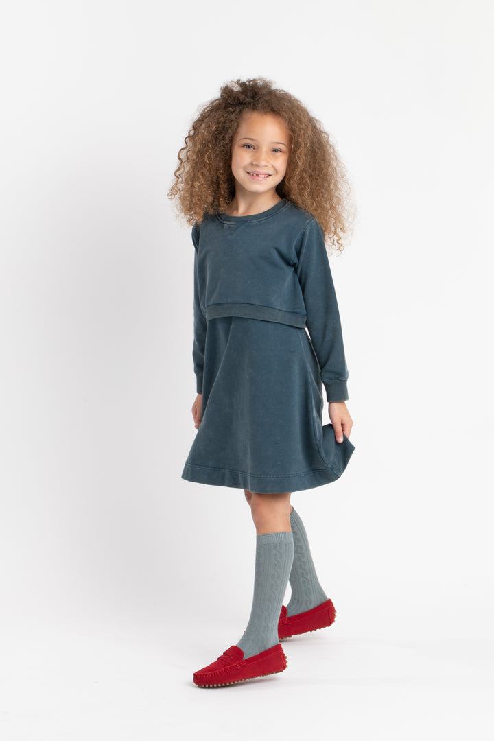 603-Ocean teal, snow wash-Sweatshirt overlay swing dress