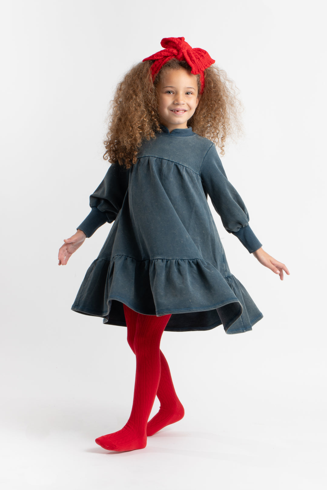 602-Ocean teal, snow wash-Puff sleeve tiered dress