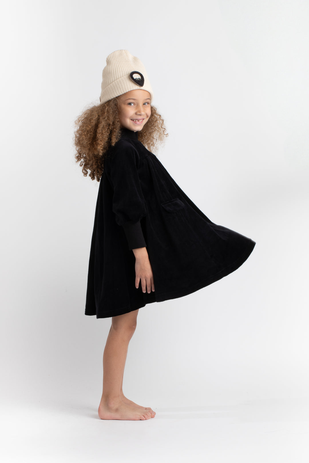 702-Black, ecru trimming-Swing dress with exposed back zipper