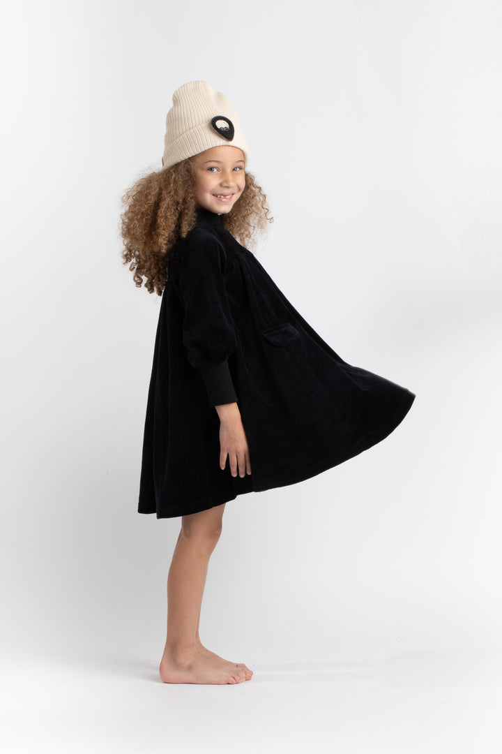 702-Black, ecru trimming-Swing dress with exposed back zipper