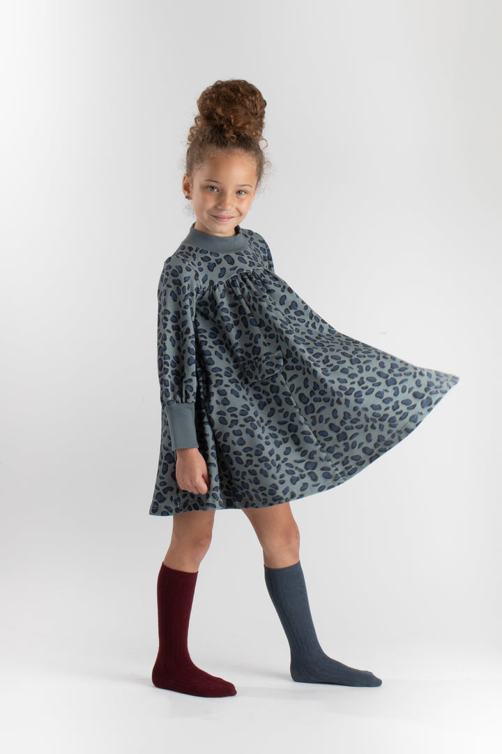 702C-BLUE LEOPARD FRENCH TERRY-Swing dress with exposed back zipper