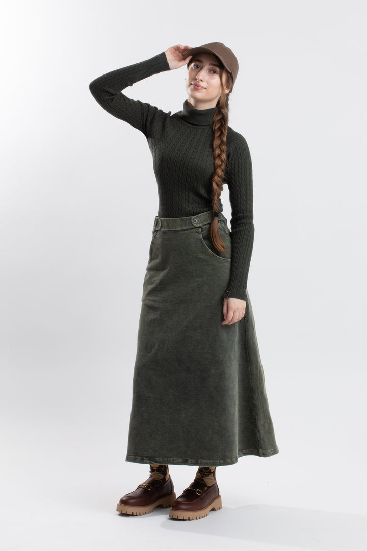 505-Moss Green, snow wash-Teen a-line midi skirt