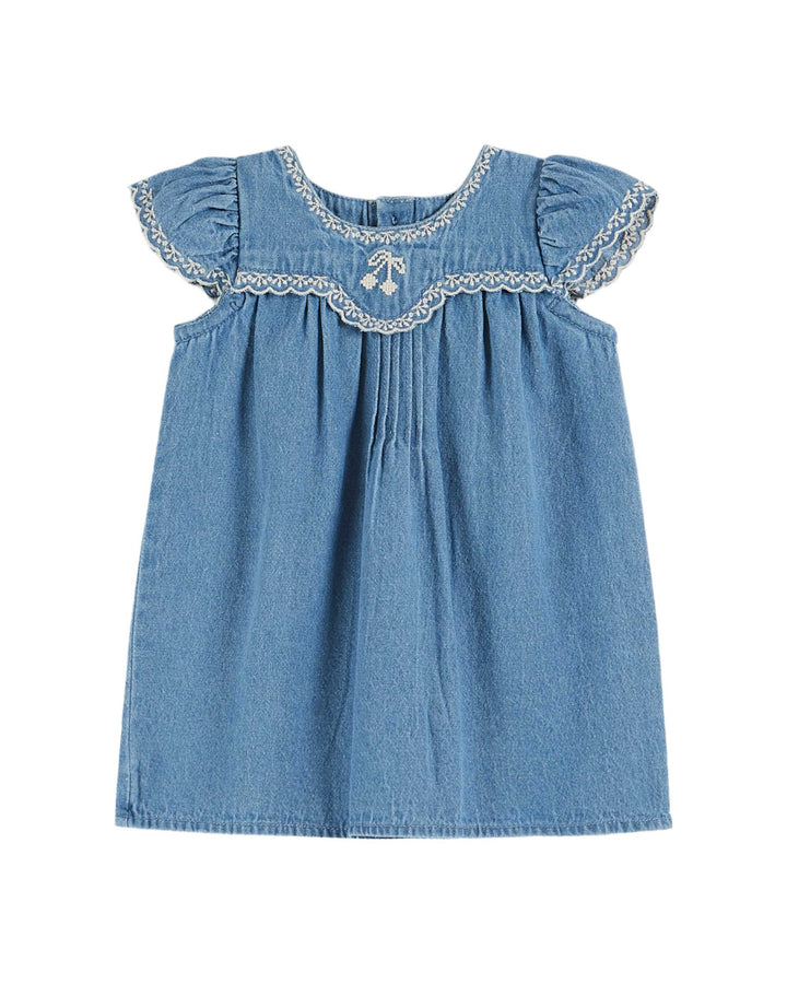 AB070-CHERRIES EMBROIDERED BABY DRESS -DENIM LIGHT