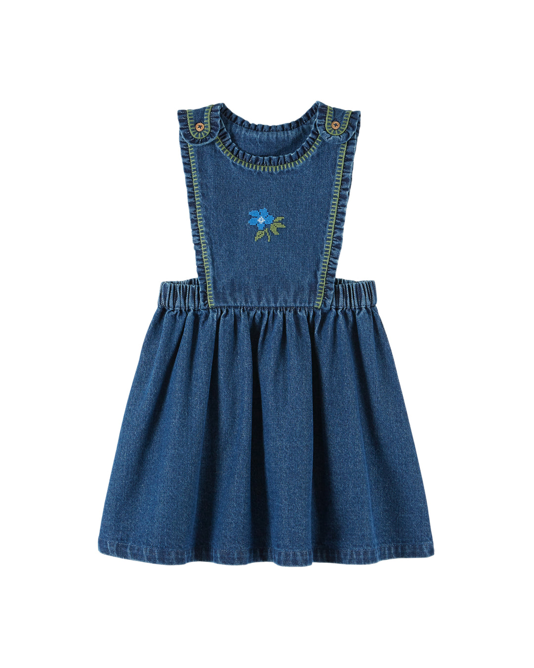 AE070 DENIM EMBROIDERED APRON DRESS - DENIM