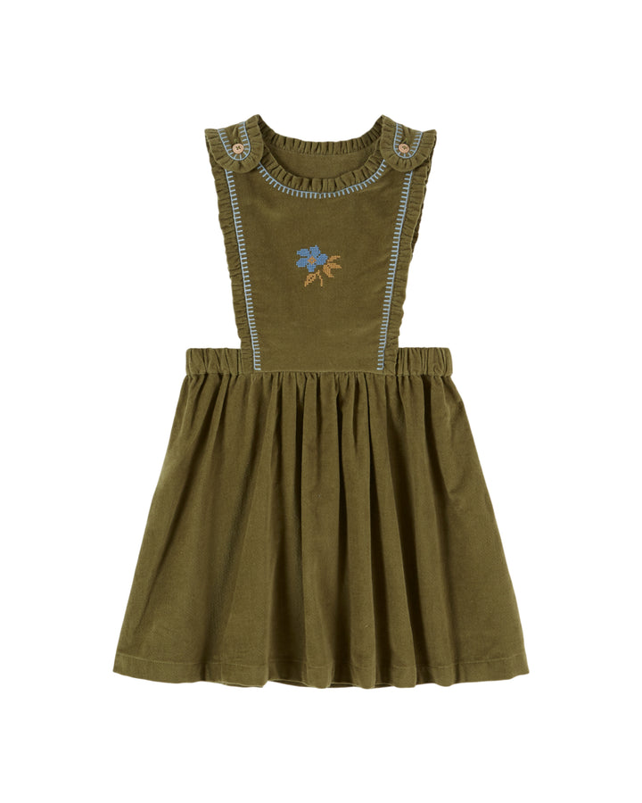 AE070A VELVET EMBROIDERED APRON DRESS - PISTACHE
