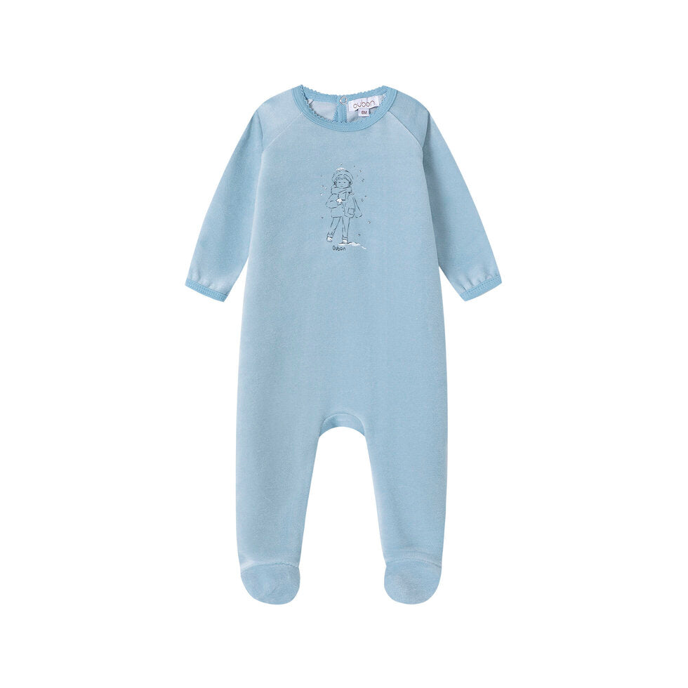 AW208-FOOTIE/HAT BOY IN SNOW PRINT VELOUR - BLUE