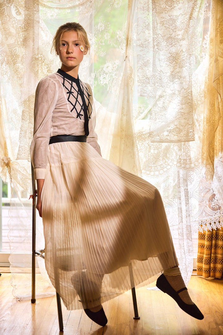 C-28233 Grosgrain Lattice Tulle Blouse - Black/Ivory