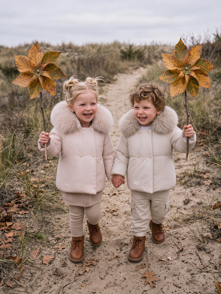 B1 Pink Double-Breasted Fur Trimmed Hooded Baby Girls Down Coat - CREAM