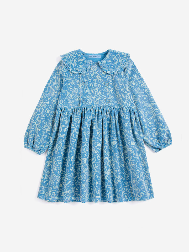 B226AC084 SKETCHY FLOWERS ALL OVER CORDUROY DRESS - BLUE